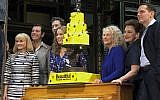 Carole King, third from right, poses for photos with the cast of 'Beautiful: The Carole King Musical' at the Stephen Sondheim Theater after a performance in New York, January 12, 2019. (Brooke Lefferts/AP)