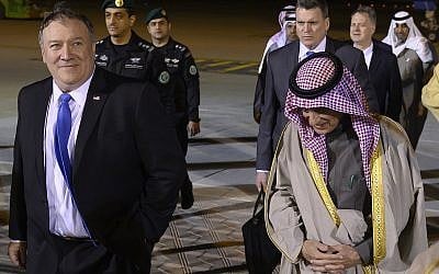US Secretary of State Mike Pompeo, left, is greeted by Saudi's Minister of State for Foreign Affairs Adel al-Jubeir, center, in Riyadh on January 13, 2019. (Andrew Caballero-Reynolds/pool photo via AP)