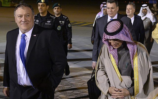 US Secretary of State Mike Pompeo, left, is greeted by Saudi's Minister of State for Foreign Affairs Adel al-Jubeir, center, in Riyadh on January 13, 2019. (Andrew Caballero-Reynolds/pool photo via AP) US Secretary of State Mike Pompeo, left, is greeted by Saudi's Minister of State for Foreign Affairs Adel al-Jubeir, center, in Riyadh on January 13, 2019. (Andrew Caballero-Reynolds/pool photo via AP)