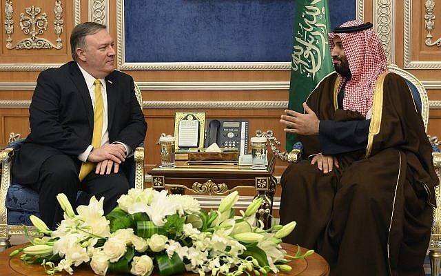 Saudi Crown Prince Mohammed bin Salman, right meets with US Secretary of State Mike Pompeo at the Royal Court, in Riyadh, Saudi Arabia, January 14, 2019. (Andrew Cabellero-Reynolds/Pool via AP) Saudi Crown Prince Mohammed bin Salman, right meets with US Secretary of State Mike Pompeo at the Royal Court, in Riyadh, Saudi Arabia, January 14, 2019. (Andrew Cabellero-Reynolds/Pool via AP)