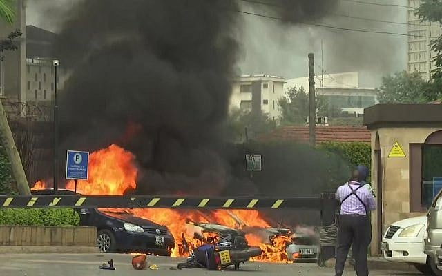 This frame taken from video shows a scene of an explosion in Kenya's capital, Nairobi, January 15, 2019. (AP Photo/Josphat Kasire) This frame taken from video shows a scene of an explosion in Kenya's capital, Nairobi, January 15, 2019. (AP Photo/Josphat Kasire)