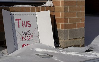 A sign reading 'This was not okay,' is seen in front of Covington Catholic High School in Park Kills, Ky., January 20, 2019. (Bryan Woolston/AP)