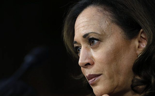 In this September 6, 2018, file photo, US Senator Kamala Harris, a California Democrat, listens as US President Donald Trump's Supreme Court nominee, Brett Kavanaugh, answers her question during the third day of Kavanaugh's Senate Judiciary Committee confirmation hearing on Capitol Hill in Washington. (AP Photo/Jacquelyn Martin, File) In this September 6, 2018, file photo, US Senator Kamala Harris, a California Democrat, listens as US President Donald Trump's Supreme Court nominee, Brett Kavanaugh, answers her question during the third day of Kavanaugh's Senate Judiciary Committee confirmation hearing on Capitol Hill in Washington. (AP Photo/Jacquelyn Martin, File)