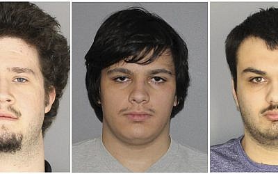 This combination of three Jan. 22, 2019, photographs released by the Greece Police Department in Greece, N.Y., shows Brian Colaneri, from left, Andrew Crysel and Vincent Vetromile. Authorities said that the three men were charged with plotting to attack a rural upstate New York Muslim community with explosives. The three Rochester, NY-area men are accused of plotting to attack Islamberg, a 60-acre Muslim enclave west of the Catskills, according to court papers. (Greece Police Department via AP)
