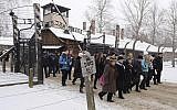 Former prisoners and their guests arrive for the ceremony marking the 74th anniversary of the liberation of KL Auschwitz-Birkenau, in Oswiecim, Poland, January 27, 2019. (Czarek Sokolowski/AP)