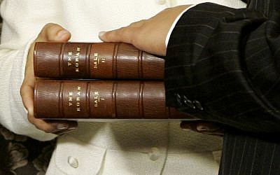 The two volume Koran once owned by Thomas Jefferson that will be used in the swearing in ceremony of incoming Congress woman Rashida Tlaib, seen here in the ceremony of Rep. Keith Ellison, D-Minn., the first Muslim elected to Congress, during his swearing in ceremony, Thursday, Jan. 4, 2007, at the U.S. Capitol in Washington. (AP Photo/Haraz N. Ghanbari)