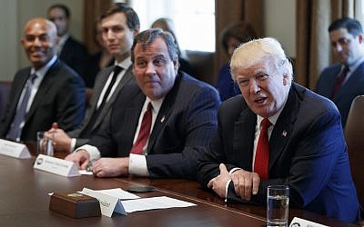 US President Donald Trump speaks during an opioid and drug abuse listening session on March 29, 2017, in the Cabinet Room of the White House in Washington. From left are, former New York Yankees pitcher Mariano Rivera, Senior Adviser Jared Kushner, New Jersey governor Chris Christie and Trump. (AP Photo/Evan Vucci)