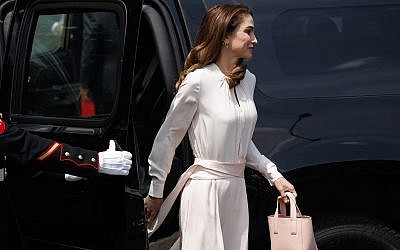 Queen Rania arrives for a meeting with US President Donald Trump and first lady Melania Trump at the White House, on June 25, 2018, in Washington. (AP Photo/Evan Vucci)