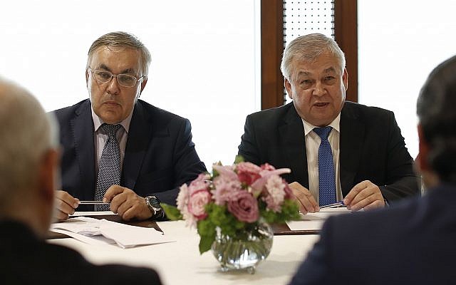 Russia's special presidential envoy to Syria Alexander Lavrentiev, right, and Russian Deputy Foreign Minister Sergei Vershinin, center, in Beirut, Lebanon, July 26, 2018 (AP Photo/Hassan Ammar/File) Russia's special presidential envoy to Syria Alexander Lavrentiev, right, and Russian Deputy Foreign Minister Sergei Vershinin, center, in Beirut, Lebanon, July 26, 2018 (AP Photo/Hassan Ammar/File)