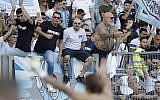 Lazio supporters celebrate at the end of a Serie A soccer match between Lazio and Genoa at Rome's Olympic stadium, September 23, 2018. (AP/Alessandra Tarantino)
