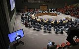 File: Nickolay Mladenov, left, United Nations special coordinator for the Middle East peace process, briefs the United Nations Security Council in a video conference, Monday November 19, 2018 at UN headquarters. (AP Photo/Bebeto Matthews)
