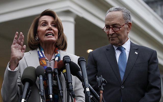 House Speaker Nancy Pelosi of California, left, and Senate Minority Leader Chuck Schumer speak to the media after meeting with US President Donald Trump on January 2, 2019. (AP Photo/Jacquelyn Martin) House Speaker Nancy Pelosi of California, left, and Senate Minority Leader Chuck Schumer speak to the media after meeting with US President Donald Trump on January 2, 2019. (AP Photo/Jacquelyn Martin)