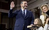 US Vice President Mike Pence administers the Senate oath of office to Senator Ted Cruz, accompanied by his wife Heidi and their daughter Catherine, during a mock swearing in ceremony in the Old Senate Chamber on Capitol Hill in Washington, on January 3, 2019. (AP Photo/Andrew Harnik)