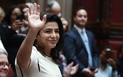 Freshman Sen. Anna Kaplan, Democrat, Mineola, is introduced during opening day of the legislative session in Albany, NY on January 9, 2019. (AP Photo/Hans Pennink, File)