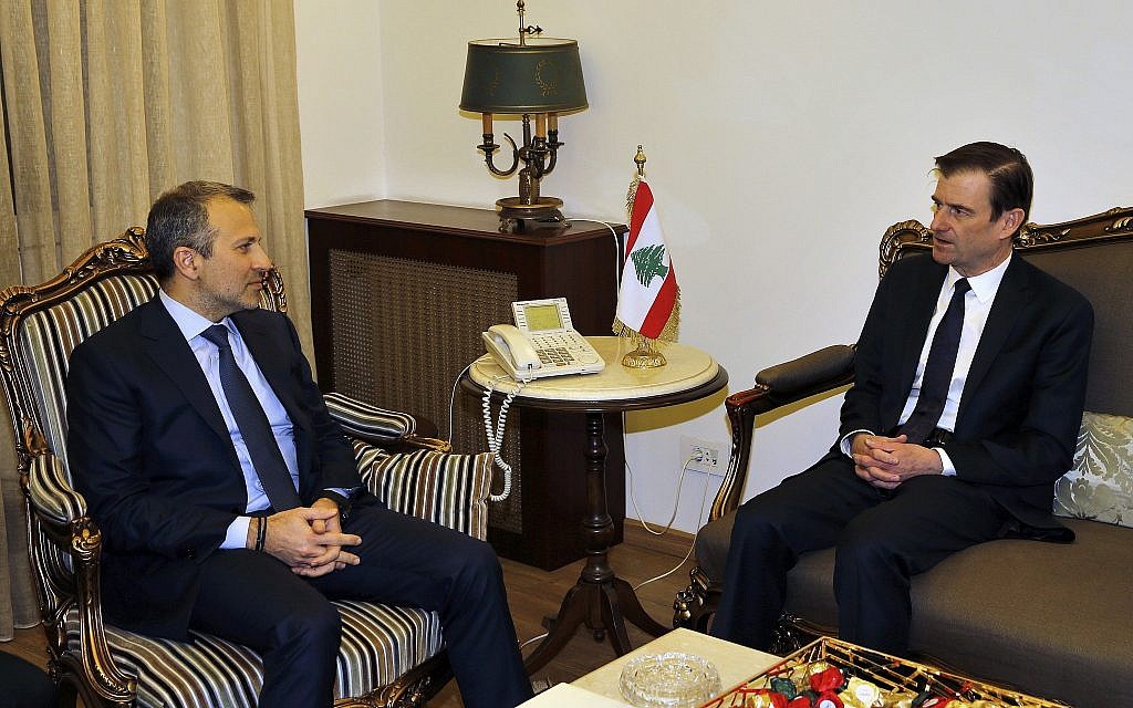Lebanese Foreign Minister Gibran Bassil, left, meets with David Hale, US Under Secretary of State for Political Affairs, at the Lebanese foreign ministry, in Beirut, Lebanon on Jan. 14, 2019. (AP Photo/Bilal Hussein)