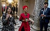 Rep. Ilhan Omar, D-Minn., center, walks through the halls of the Capitol Building in Washington, Wednesday, Jan. 16, 2019. (AP/Andrew Harnik)