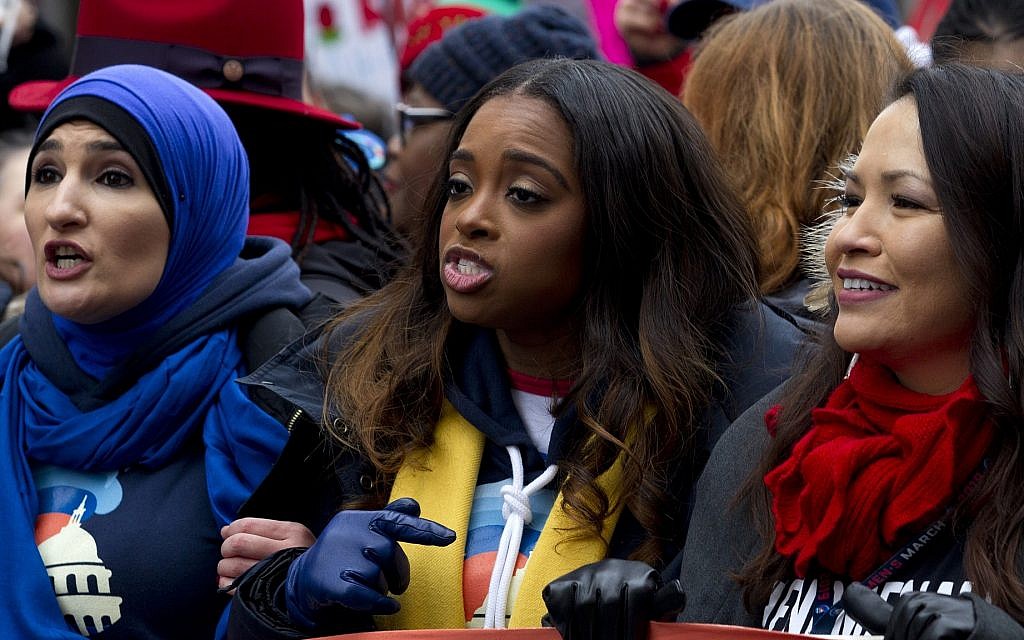 Co-presidents of the 2019 Women's March, Linda Sarsour, left, and Tamika Mallory, center, join other demonstrators on Pennsylvania Avenue during the Women's March in Washington on Saturday, Jan. 19, 2019. (AP Photo/Jose Luis Magana) Co-presidents of the 2019 Women's March, Linda Sarsour, left, and Tamika Mallory, center, join other demonstrators on Pennsylvania Avenue during the Women's March in Washington on Saturday, Jan. 19, 2019. (AP Photo/Jose Luis Magana)