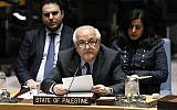 Palestinian Ambassador Riyad Mansour addresses the United Nations Security Council, at UN headquarters, January 22, 2019. (AP/Richard Drew)