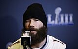 New England Patriots' Julian Edelman speaks with members of the media during a news conference Wednesday, Jan. 30, 2019, ahead of the NFL Super Bowl 53 football game against Los Angeles Rams in Atlanta. (AP Photo/Matt Rourke)