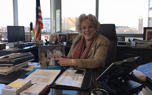 Carolyn Goodman, the mayor of Las Vegas, poses with a photo of her family in her office, Feb. 10, 2016. (Ron Kampeas/JTA) Carolyn Goodman, the mayor of Las Vegas, poses with a photo of her family in her office, Feb. 10, 2016. (Ron Kampeas/JTA)