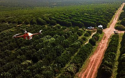 A SeeTree drone flying over fields (Courtesy)
