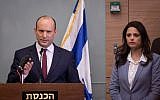 Education Nafatli Bennett, left, and Justice Minister Ayelet Shaked deliver a statement during a press conference in the Knesset, on November 19, 2018. (Miriam Alster/Flash90)