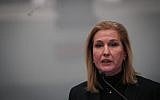 Opposition leader and chairwoman of Hatnua party, Tzipi Livni, speaks during a press conference at the Knesset, on January 1, 2019. (Yonatan Sindel/Flash90)