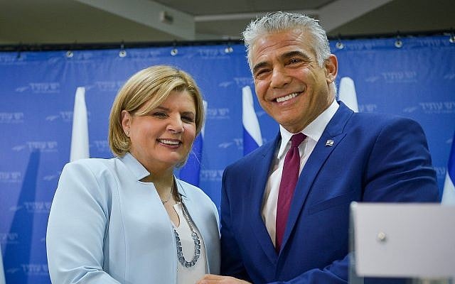 Yesh Atid chairman Yair Lapid (R) with new party member Orna Barbivai, the first woman to have been appointed an IDF major general, January 1, 2019. (Yossi Zeliger/Flash90) Yesh Atid chairman Yair Lapid (R) with new party member Orna Barbivai, the first woman to have been appointed an IDF major general, January 1, 2019. (Yossi Zeliger/Flash90)