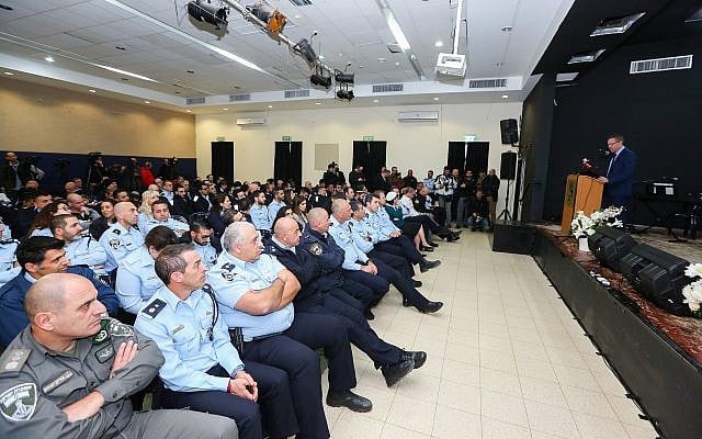 Illustrative: Public Security Minister Gilad Erdan speaks at a ceremony for a new municipal police station in Beit Shemesh on January 7, 2019. (Yaakov Lederman/Flash90) Illustrative: Public Security Minister Gilad Erdan speaks at a ceremony for a new municipal police station in Beit Shemesh on January 7, 2019. (Yaakov Lederman/Flash90)
