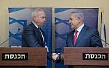 Prime Minister Benjamin Netanyahu (right) and Yoav Gallant hold a joint press conference at the Knesset, January 9, 2019, as Gallant joins Netanyahu's Likud party (Noam Revkin Fenton/Flash90)