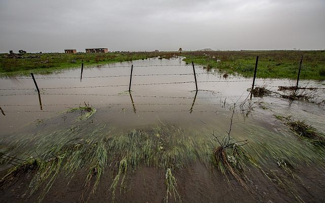 A stream overflows after rains on the Golan Heights, January 14, 2019. (Maor Kinsbursky/Flash90)