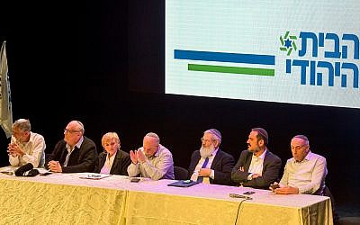 Deputy Defense Minister Eli Ben Dahan (3R), MK Moti Yogev (R) and MK Nissim Smoliansky (C) attend a conference of the Jewish Home Party in Yad Binyamin on January 17, 2019 (Yehuda Haim/Flash90)