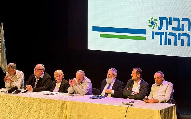 Deputy Defense Minister Eli Ben Dahan (3R), MK Moti Yogev (R) and MK Nissim Smoliansky (C) attend a conference of the Jewish Home Party in Yad Binyamin on January 17, 2019 (Yehuda Haim/Flash90)