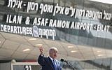 Prime Minister Benjamin Netanyahu speaks at the official opening ceremony of Ramon airport, January 21, 2019. (Yonatan Sindel/Flash90)