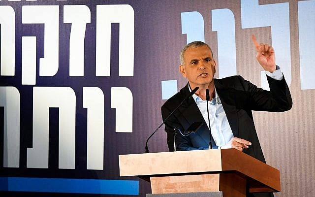 Finance Minister Moshe Kahlon speaks at the launch of his Kulanu party's election campaign in the coastal city of Ashkelon on January 30, 2019. (Dudi Modan/Flash90) Finance Minister Moshe Kahlon speaks at the launch of his Kulanu party's election campaign in the coastal city of Ashkelon on January 30, 2019. (Dudi Modan/Flash90)