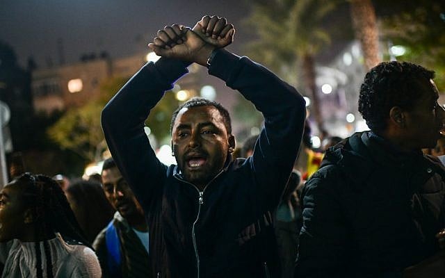 Ethiopian-Israelis protest in Tel Aviv's Rabin Square against police violence toward their community, January 30, 2019. (Tomer Neuberg/Flash90) Ethiopian-Israelis protest in Tel Aviv's Rabin Square against police violence toward their community, January 30, 2019. (Tomer Neuberg/Flash90)