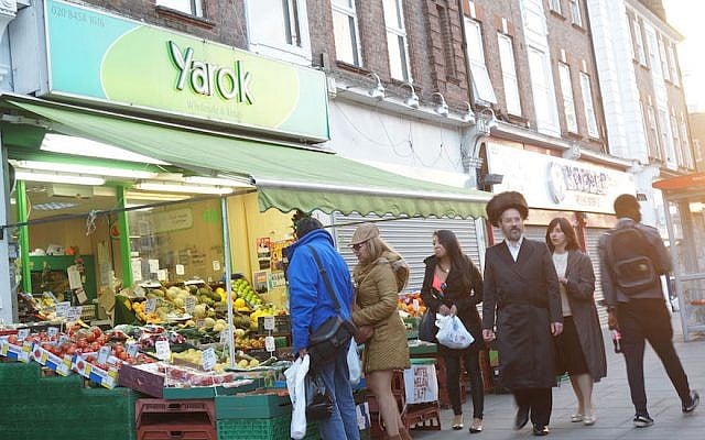 Illustrative: A market in the heavily Jewish neighborhood of Golders Green, London, on June 19, 2015. (Cnaan Liphshiz/JTA) Illustrative: A market in the heavily Jewish neighborhood of Golders Green, London, on June 19, 2015. (Cnaan Liphshiz/JTA)