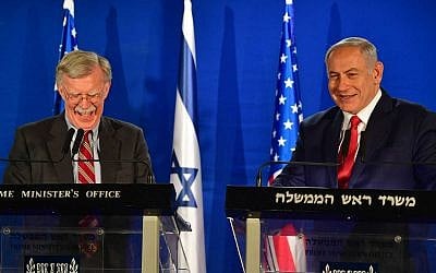 Prime Minister Benjamin Netanyahu (R) speaks with the US National Security Adviser John Bolton, during a statement to the media follow their meeting in Jerusalem on January 6, 2019. ( Matty Stern/US Embassy Jerusalem)