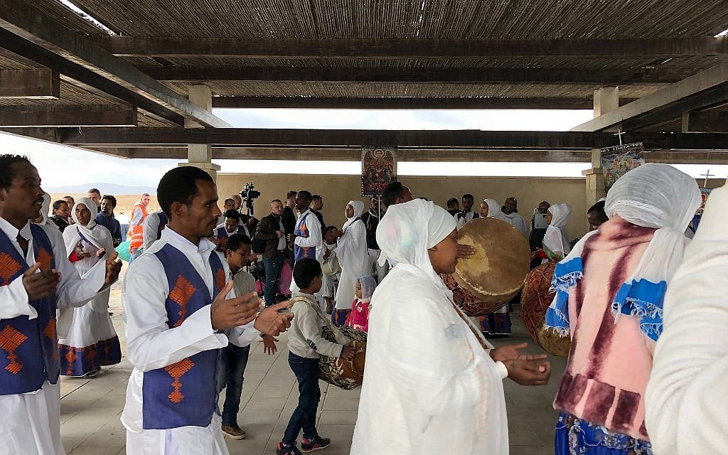 Ethiopian Coptic Christians at Qaser al-Yahud Baptism Site in the Judean Desert on the border with the Jordan River on the Eastern Orthodox holiday of Epiphany on January 18, 2019. (Amanda Borschel-Dan/Times of Israel)