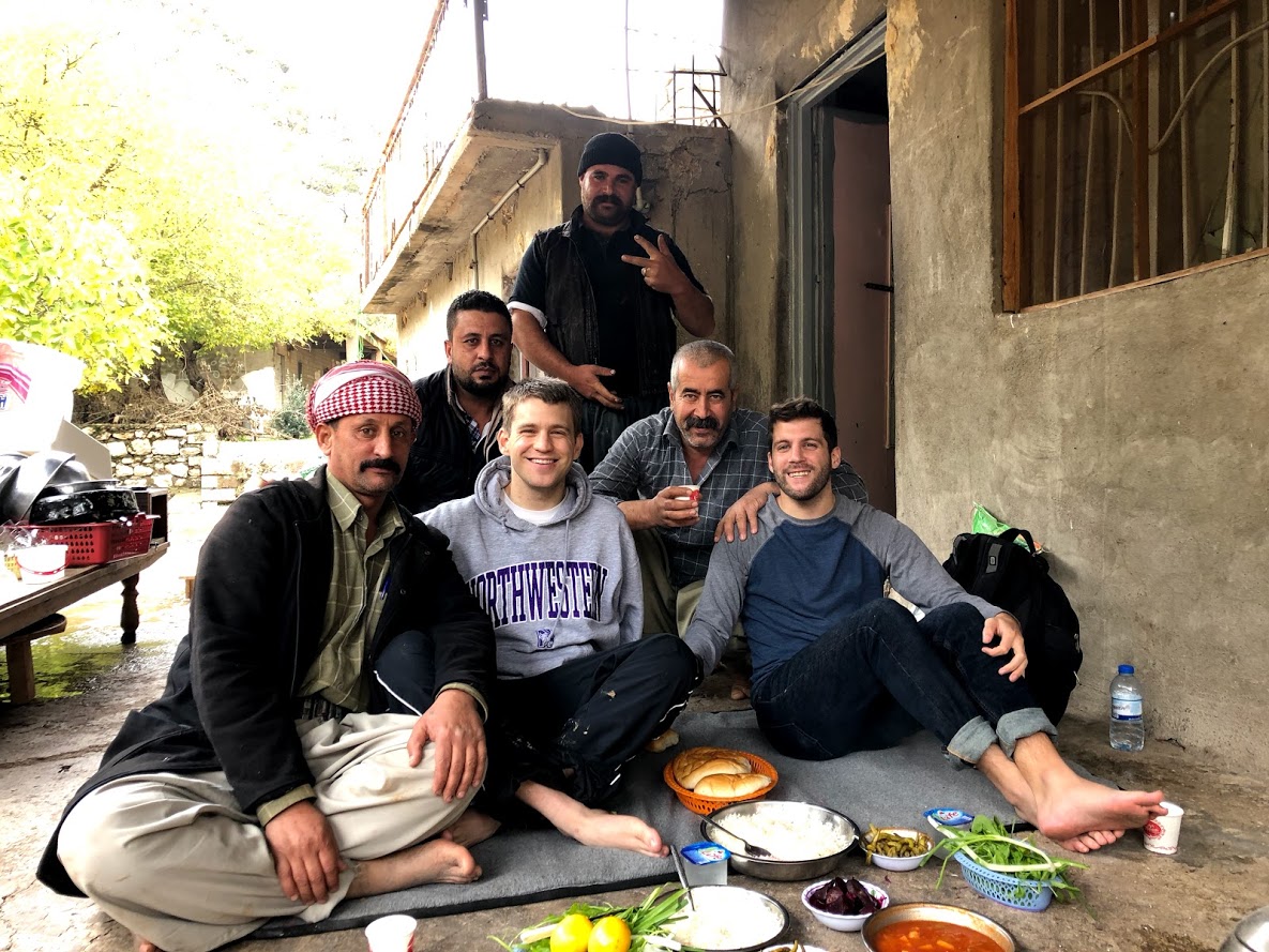 The author (R) with his brother (middle) and their Yazidi hosts in Lalish, Iraqi Kurdistan, on November 23, 2018. (Courtesy) The author (R) with his brother (middle) and their Yazidi hosts in Lalish, Iraqi Kurdistan, on November 23, 2018. (Courtesy)