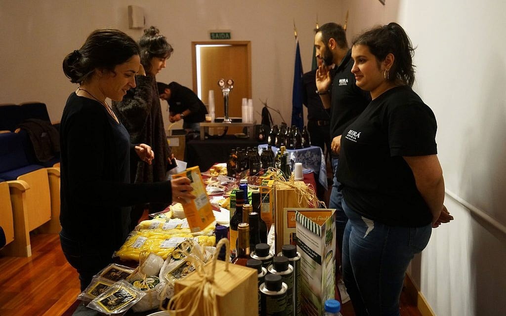 Belmonte Jews browse the annual kosher market there, October 14, 2018. (Cnaan Liphshiz)