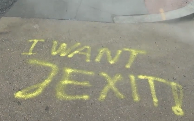 Graffiti reading "I Want Jexit" is seen outside Shalom Tire and Auto Repair in Washington, DC, on January 18, 2019. (Screen capture: WJLA-ABC 7) Graffiti reading "I Want Jexit" is seen outside Shalom Tire and Auto Repair in Washington, DC, on January 18, 2019. (Screen capture: WJLA-ABC 7)