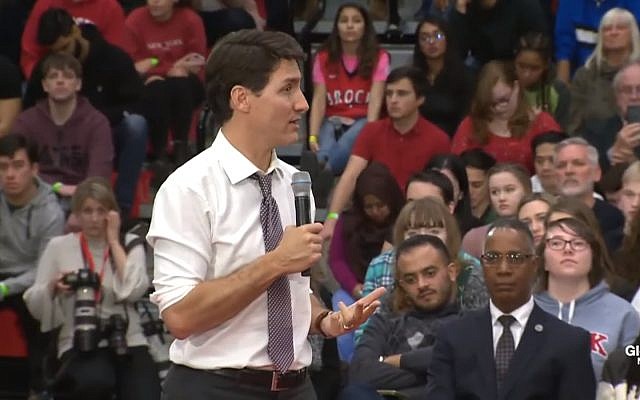 Prime Minister Justin Trudeau of Canada condemns the BDS movement during a town hall meeting at Brock University in St. Catherines,Ontario. January 15, 2019 (YouTube screenshot) Prime Minister Justin Trudeau of Canada condemns the BDS movement during a town hall meeting at Brock University in St. Catherines,Ontario. January 15, 2019 (YouTube screenshot)