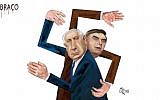 A cartoon by Brazilian artist Aroeira published in January 2019 in the O Dia newspaper, featuring Prime Minister Benjamin Netanyahu (L) and Brazil’s president, Jair Bolsonaro, in a hug with their arms held in the shape of a swastika. (Facebook via JTA)
