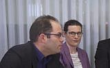 Screen capture from video of New Likud members Nir Hirschman, left, and Hadar Weisman. (Channel 12)