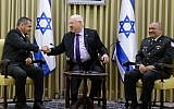 Lt. Gen. Aviv Kochavi, the incoming IDF chief of staff, left, President Reuven Rivlin, center, and Lt. Gen. Gadi Eisenkot, the outgoing IDF chief of staff at the President's Residence in Jerusalem to mark the changing of the guard in the IDF's top post, January 15, 2019. (Mark Neiman/GPO)