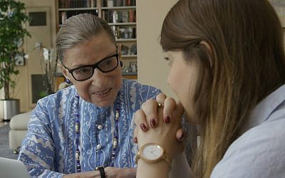 Ruth Bader Ginsburg with her granddaughter, Clara Spera, in a scene from the Oscar-nominated documentary 'RBG.' (Courtesy of Magnolia Pictures via JTA)