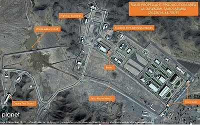 In this November 13, 2018, satellite image from Planet Labs Inc that has been annotated by experts at the Middlebury Institute of International Studies, a suspected Saudi ballistic missile base and test facility is seen outside of the town of al-Dawadmi, Saudi Arabia. (Planet Labs Inc, Middlebury Institute of International Studies via AP)
