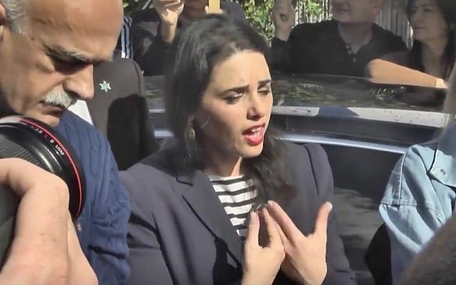 Justice Minister Ayelet Shaked meets with Druze activists outside her home in Tel Aviv on January 18, 2019. (Screen capture: Ynet) Justice Minister Ayelet Shaked meets with Druze activists outside her home in Tel Aviv on January 18, 2019. (Screen capture: Ynet)