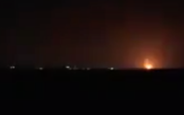 Illustrative: Explosions in the northern Gaza Strip from Israeli airstrikes light up the night sky on January 22, 2019. (Screen capture: Channel 13) Illustrative: Explosions in the northern Gaza Strip from Israeli airstrikes light up the night sky on January 22, 2019. (Screen capture: Channel 13)